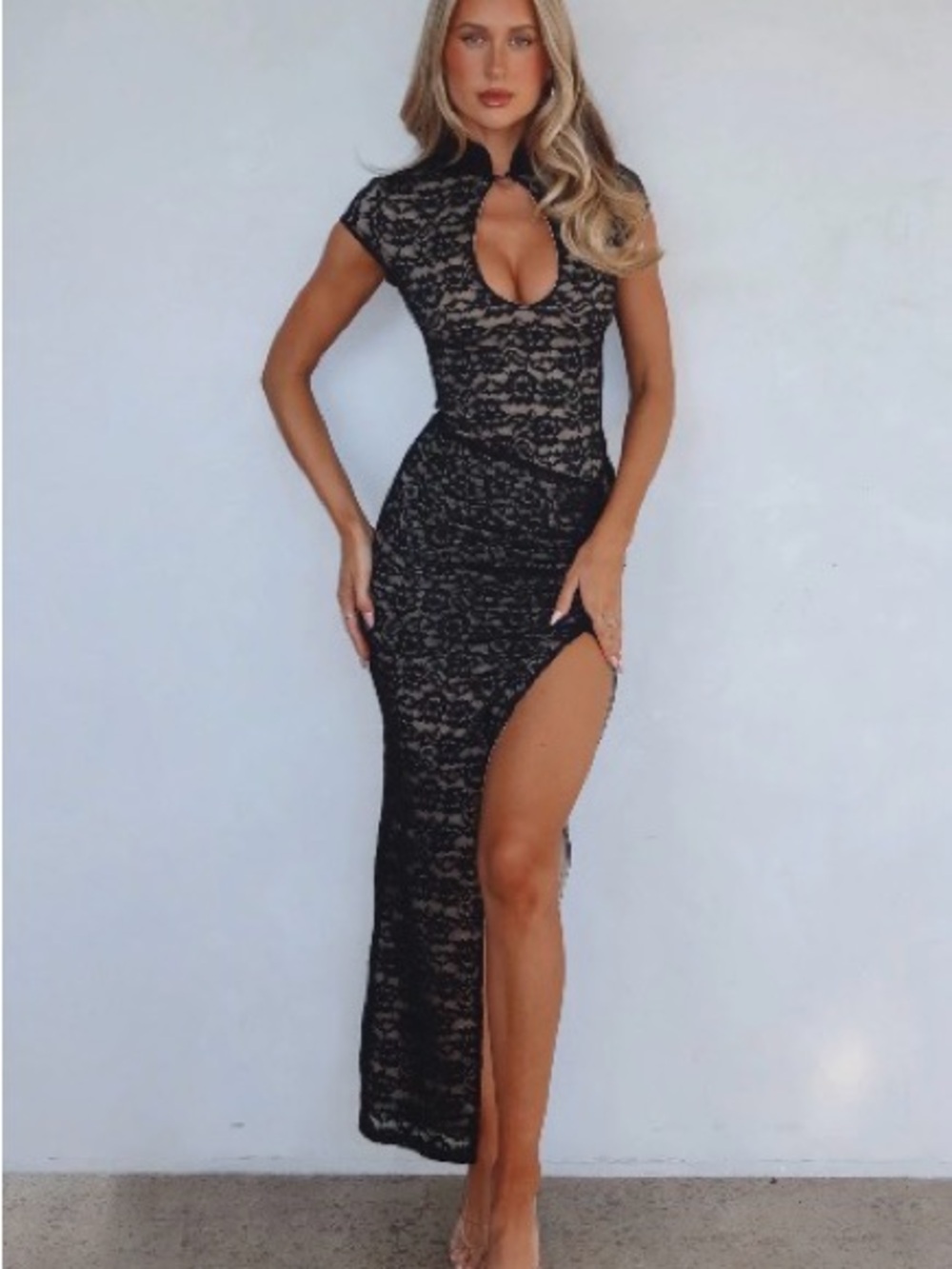 White Fox Boutique Black Lace High-Slit Maxi Dress